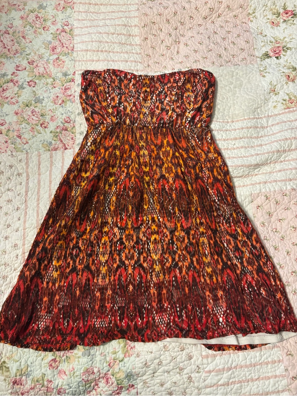 My Michelle Strapless Dress in Red, Orange and Yellow Print